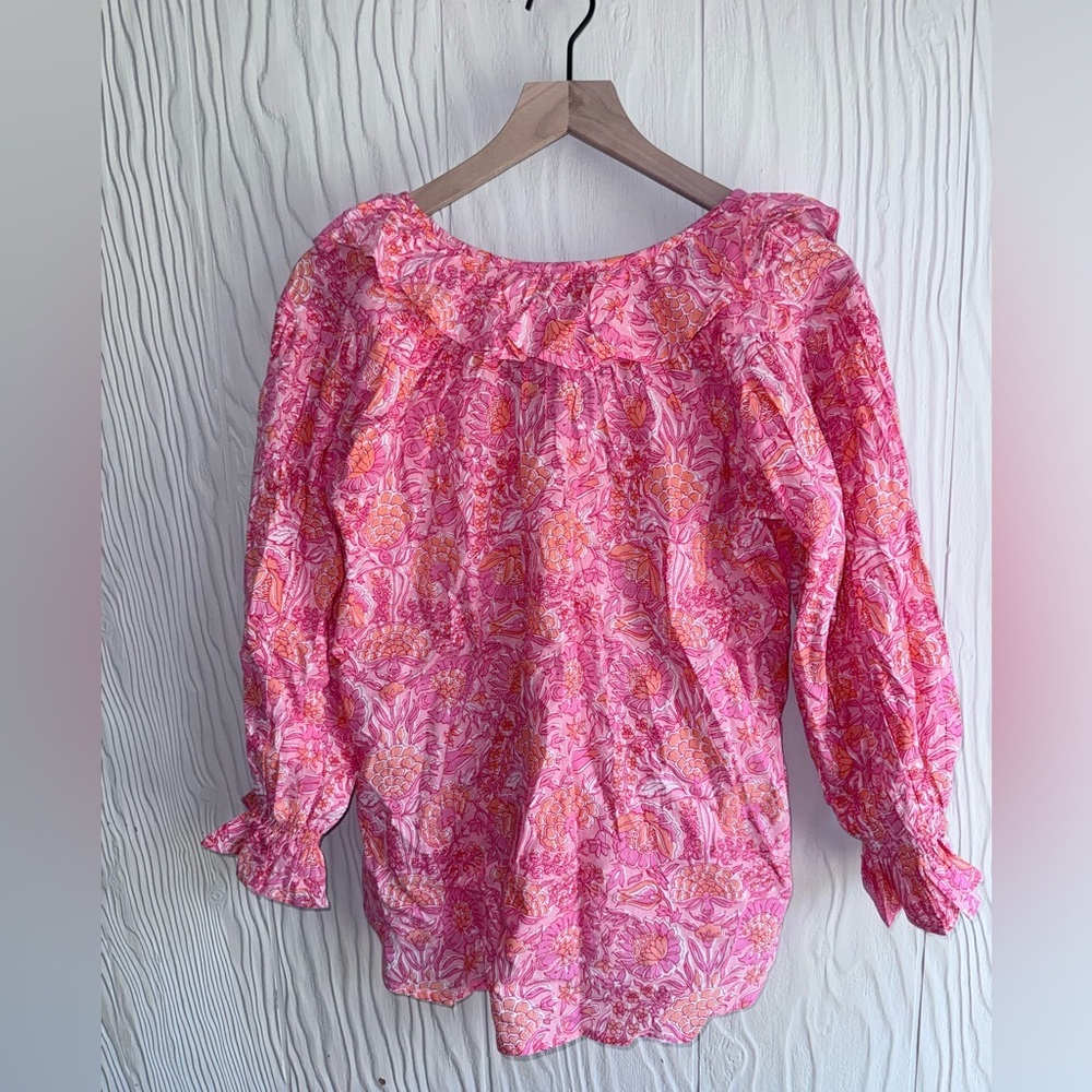 New Mille Resort & Travel May Ruffle Floral Cotton Blouse - Pink Carnation $168 - Picture 5 of 5